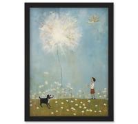 Wall Art Print Chasing the Giant Dandelion Dream Artwork Giant Wish Oil Painting Kids Bedroom Child and Pet Dog in Daisy Field Artwork Framed A4 Artery8 Black A4