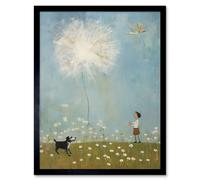 Artery8 Wall Art Print Chasing the Giant Dandelion Dream Artwork Giant Wish Oil Painting Kids Bedroom Child & Pet Dog in Daisy Field Art Framed Artery8 Black W12" x H16"