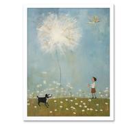Artery8 Wall Art Print Chasing the Giant Dandelion Dream Artwork Giant Wish Oil Painting Kids Bedroom Child & Pet Dog in Daisy Field Art Framed Artery8 White W12" x H16"