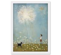 Artery8 Wall Art Print Chasing the Giant Dandelion Dream Artwork Giant Wish Oil Painting Kids Bedroom Child & Pet Dog in Daisy Field Artwork Framed Artery8 White A4