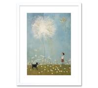 Artery8 Wall Art Print Chasing the Giant Dandelion Dream Artwork Giant Wish Oil Painting Kids Bedroom Child & Pet Dog in Daisy Field Artwork Framed Artery8 White W7" x H9"