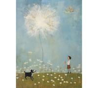 Artery8 Wall Art Print Chasing the Giant Dandelion Dream Artwork Giant Wish Oil Painting Kids Bedroom Child & Pet Dog in Daisy Field Poster Artery8 Blue W18" x H24"