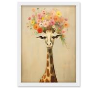 Wall Art Print Cheerful Giraffe with Wildflower Bouquet Hat Spring Camouflage Whimsical Oil Painting Nursery Artwork Framed A4 Artery8 White A4
