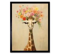Artery8 Wall Art Print Cheerful Giraffe with Wildflower Bouquet Hat Spring Camouflage Whimsical Oil Painting Nursery Art Framed | Size: W12" x H16" Artery8 Black W12" x H16"