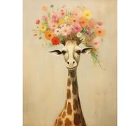 Artery8 Wall Art Print Cheerful Giraffe with Wildflower Bouquet Hat Spring Camouflage Whimsical Oil Painting Nursery Poster | Size: W12" x H16" Artery8 Beige W12" x H16"