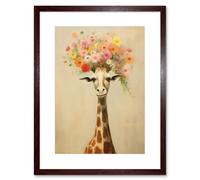 Artery8 Wall Art Print Cheerful Giraffe with Wildflower Bouquet Hat Spring Camouflage Whimsical Oil Painting Nursery Artwork Framed 9X7 Inch Artery8 Brown W7" x H9"