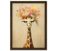 Artery8 Wall Art Print Cheerful Giraffe with Wildflower Bouquet Hat Spring Camouflage Whimsical Oil Painting Nursery Artwork Framed A4 in Brown Artery8 Brown A4
