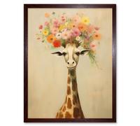 Artery8 Wall Art Print Cheerful Giraffe with Wildflower Bouquet Hat Spring Camouflage Whimsical Oil Painting Nursery Art Framed | Size: W12" x H16" Artery8 Brown W12" x H16"