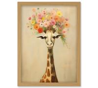 Artery8 Wall Art Print Cheerful Giraffe with Wildflower Bouquet Hat Spring Camouflage Whimsical Oil Painting Nursery Artwork Framed A4 in Light Oak Artery8 Light Oak A4