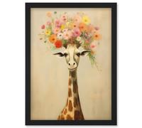 Artery8 Wall Art Print Cheerful Giraffe with Wildflower Bouquet Hat Spring Camouflage Whimsical Oil Painting Nursery Artwork Framed A4 in Black Artery8 Black A4