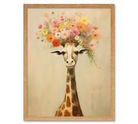 Artery8 Wall Art Print Cheerful Giraffe with Wildflower Bouquet Hat Spring Camouflage Whimsical Oil Painting Nursery Art Framed | Size: W12" x H16" Artery8 Light Oak W12" x H16"