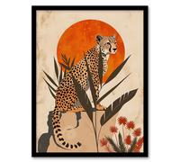 Artery8 Wall Art Print Cheetah Perched on Rock Boho Sunset Sun Plants Art Framed Poster in Black | Size: A4 Artery8 Black A4