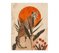 Artery8 Wall Art Print Cheetah Perched on Rock Boho Sunset Sun Plants Poster in Beige | Size: W12" x H16" Artery8 Beige W12" x H16"