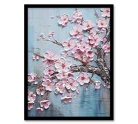 Artery8 Cherry Blossom Splendor Delicate Elegant Pink And Soft Blue Oil Painting Artwork Framed Wall Art Print A4