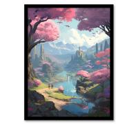 Artery8 Wall Art Print Cherry Blossoms by River Bright Painting Springtime Blooming Pink Trees in Coastal Fishing Village Landscape Art Framed Artery8 Blue W12" x H16"