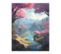 Wall Art Print Cherry Blossoms by River Bright Painting Springtime Blooming Pink Trees in Coastal Fishing Village Landscape Poster Artery8 Blue W24 inch x H32 inch