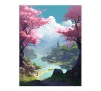 Artery8 Wall Art Print Cherry Blossoms in Springtime Painting Blooming Pink Trees in Tranquil Forest Lake Landscape Poster in Blue | Size: W12" x H16" Artery8 Blue W12" x H16"