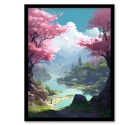 Artery8 Wall Art Print Cherry Blossoms in Springtime Painting Blooming Pink Trees in Tranquil Forest Lake Landscape Art Framed | Size: W12" x H16" Artery8 Blue W12" x H16"