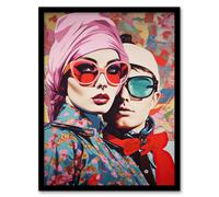 Artery8 Wall Art Print Chic Sunglasses Retro Advert Spring Floral Fashion Couple Yellow Pink Red Blue Artwork Vibrant Colourful Bold Pop Art Modern Artery8 Multicolor W12" x H16"