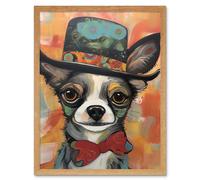 Wall Art Print Chihuahua Dog Top Hat and Bowtie Modern Folk Art Framed Artery8 Light Oak W12 inch x H16 inch
