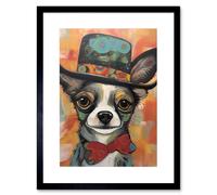 Artery8 Wall Art Print Chihuahua Dog Top Hat & Bowtie Modern Folk Artwork Framed 9X7 Inch in Black | Size: W7" x H9" Artery8 Black W7" x H9"