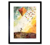 Artery8 Wall Art Print Child Flying Big Kite in Rainbow Colour Sunset Sky Artwork Framed 9X7 Inch in Black | Size: W7" x H9" Artery8 Black W7" x H9"
