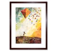 Artery8 Wall Art Print Child Flying Big Kite in Rainbow Colour Sunset Sky Artwork Framed 9X7 Inch in Brown | Size: W7" x H9" Artery8 Brown W7" x H9"