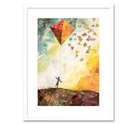 Artery8 Wall Art Print Child Flying Big Kite in Rainbow Colour Sunset Sky Artwork Framed 9X7 Inch in White | Size: W7" x H9" Artery8 White W7" x H9"