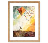 Artery8 Wall Art Print Child Flying Big Kite in Rainbow Colour Sunset Sky Artwork Framed 9X7 Inch in Beige | Size: W7" x H9" Artery8 Beige W7" x H9"