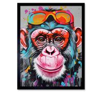 Artery8 Wall Art Print Chimpanzee Monkey With Sunglasses Graffiti Pop Art Framed in Black | Size: W12" x H16" Artery8 Black W12" x H16"