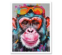 Artery8 Wall Art Print Chimpanzee Monkey With Sunglasses Graffiti Pop Art Framed in White | Size: W12" x H16" Artery8 White W12" x H16"