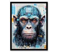 Artery8 Wall Art Print Chimpanzee Robot Hybrid Schematic Blue Futuristic Secret Complex Arcane Manuscript Gift For Him Man Cave Art Framed Artery8 Black W12" x H16"