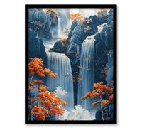 Artery8 Chinese Style Waterfall Landscape Autumn Trees For Living Room Artwork Framed Wall Art Print A4
