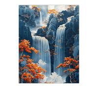 Artery8 Wall Art Print Chinese Style Waterfall Landscape Autumn Trees Poster in Blue | Size: W12" x H16" Artery8 Blue W12" x H16"