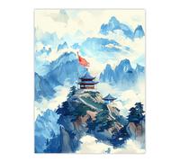 Artery8 Wall Art Print Chinese Temple Watercolour Mountain Forest Poster in Blue | Size: W12" x H16" Artery8 Blue W12" x H16"