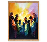 Artery8 Wall Art Print Choir Women Singing by Bonfire Modern Rainbow Colour Watercolour Painting Art Framed in Light Oak | Size: W12" x H16" Artery8 Light Oak W12" x H16"