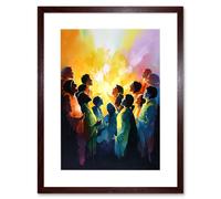 Artery8 Wall Art Print Choir Women Singing by Bonfire Modern Rainbow Colour Watercolour Painting Artwork Framed 9X7 Inch in Brown | Size: W7" x H9" Artery8 Brown W7" x H9"