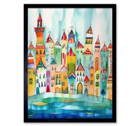 Artery8 Wall Art Print Cinque Terre Seaside Village Folk Art Framed in Black | Size: W12" x H16" Artery8 Black W12" x H16"