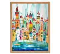 Artery8 Wall Art Print Cinque Terre Seaside Village Folk Art Framed in Light Oak | Size: W12" x H16" Artery8 Light Oak W12" x H16"