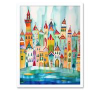 Artery8 Wall Art Print Cinque Terre Seaside Village Folk Art Framed in White | Size: W12" x H16" Artery8 White W12" x H16"