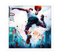 Artery8 Wall Art Print City Basketball Slam Dunk Sport Splatter Watercolour Painting Teal Orange Square Framed Picture 16X16 Inch | Size: W16" x H16" Artery8 White W16" x H16"