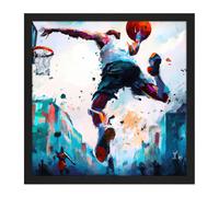 Artery8 Wall Art Print City Basketball Slam Dunk Sport Splatter Watercolour Painting Teal Orange Square Framed Picture 16X16 Inch | Size: W16" x H16" Artery8 Black W16" x H16"