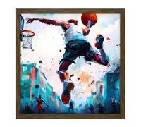 Artery8 Wall Art Print City Basketball Slam Dunk Sport Splatter Watercolour Painting Teal Orange Square Framed Picture 16X16 Inch | Size: W16" x H16" Artery8 Brown W16" x H16"