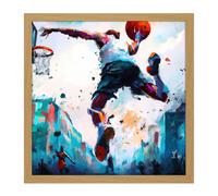 Artery8 Wall Art Print City Basketball Slam Dunk Sport Splatter Watercolour Painting Teal Orange Square Framed Picture 16X16 Inch | Size: W16" x H16" Artery8 Light Oak W16" x H16"