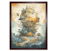 Artery8 Wall Art Print City in the Clouds Pastel Colour Concept Art Modern Watercolour Painting Art Framed in Brown | Size: W12" x H16" Artery8 Brown W12" x H16"