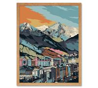 Artery8 Wall Art Print Cityscape Under Rocky Mountain Range Modern Art Framed in Light Oak | Size: W12" x H16" Artery8 Light Oak W12" x H16"