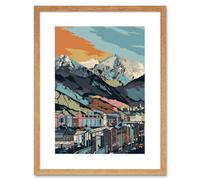 Artery8 Wall Art Print Cityscape Under Rocky Mountain Range Modern Artwork Framed 9X7 Inch in Beige | Size: W7" x H9" Artery8 Beige W7" x H9"