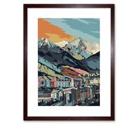 Artery8 Wall Art Print Cityscape Under Rocky Mountain Range Modern Artwork Framed 9X7 Inch in Brown | Size: W7" x H9" Artery8 Brown W7" x H9"