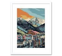 Artery8 Wall Art Print Cityscape Under Rocky Mountain Range Modern Artwork Framed 9X7 Inch in White | Size: W7" x H9" Artery8 White W7" x H9"