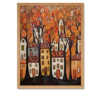 Artery8 Wall Art Print Cityscape With Trees In Autumn Contemporary Folk Art Painting Art Framed in Light Oak | Size: W12" x H16" Artery8 Light Oak W12" x H16"